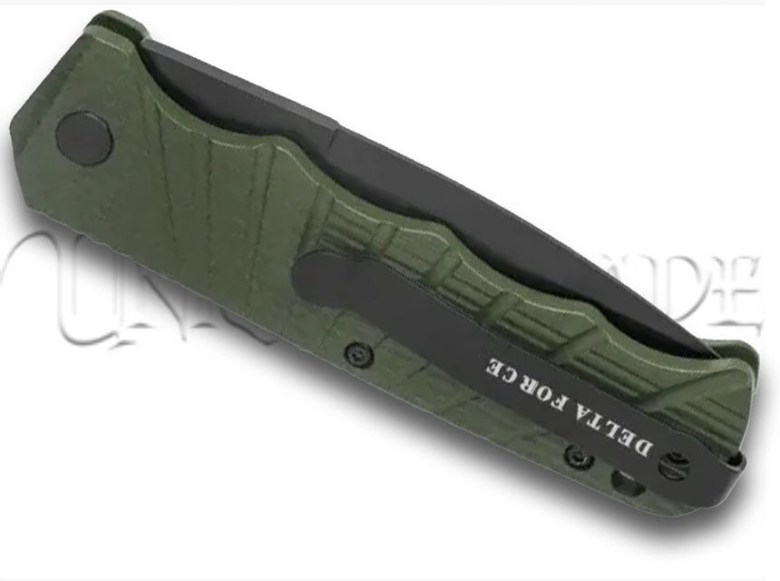 Delta Force Automatic Knife OD Green Aluminum Drop Point - Black Serr