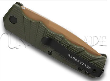 Delta Force Automatic Knife OD Green Aluminum Drop Point - Tan Plain