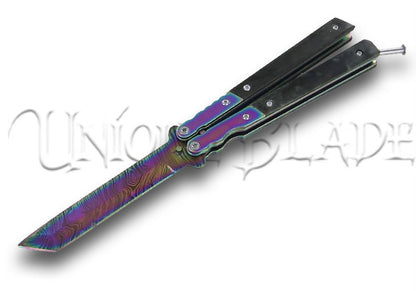 Eye of the Tiger Rainbow Damascus Steel Titanium Butterfly Knife Balisong