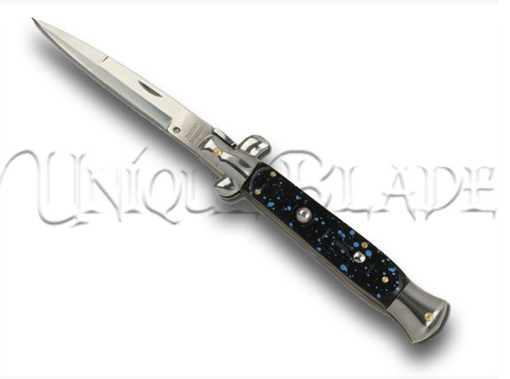 IL Grande Italian Milano Stiletto Silver Splash Automatic Knife - Make a splash of style with this grand Milano stiletto, featuring a silver splash design and automatic deployment for a perfect blend of elegance and precision.