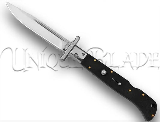 Italian Style 11" Roma Drop Point Automatic Swinguard Knife - Black - Timeless Craftsmanship - This automatic swinguard knife boasts Italian style, an 11-inch Roma design, and a sleek black drop-point blade for classic elegance.