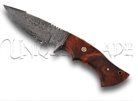 Journeyman Damascus Steel Walnut Wood Handle Fixed Blade Outdoor Knife - Crafted for the Outdoors - This fixed blade outdoor knife with a walnut wood handle showcases journeyman-level craftsmanship and Damascus steel for a perfect blend of form and function.