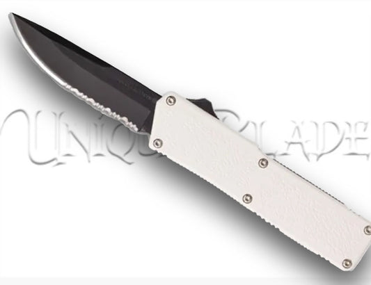 Lightning White D/A OTF Automatic Knife: Striking White Design with Dual Action Deployment and Black Serrated Edge – Unleash Precision and Style.