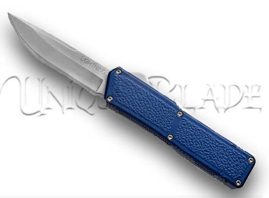 Lightning Blue OTF Automatic Knife - Satin Plain: Unleash sophistication with this blue automatic knife featuring a satin-finished plain blade for a perfect blend of style and functionality.