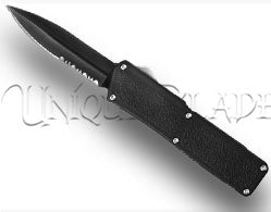 Lightning Black OTF Automatic Knife - Black Dagger Serrated: A powerful and tactical black dagger with serrated edges, making this automatic knife a versatile companion for various cutting tasks.