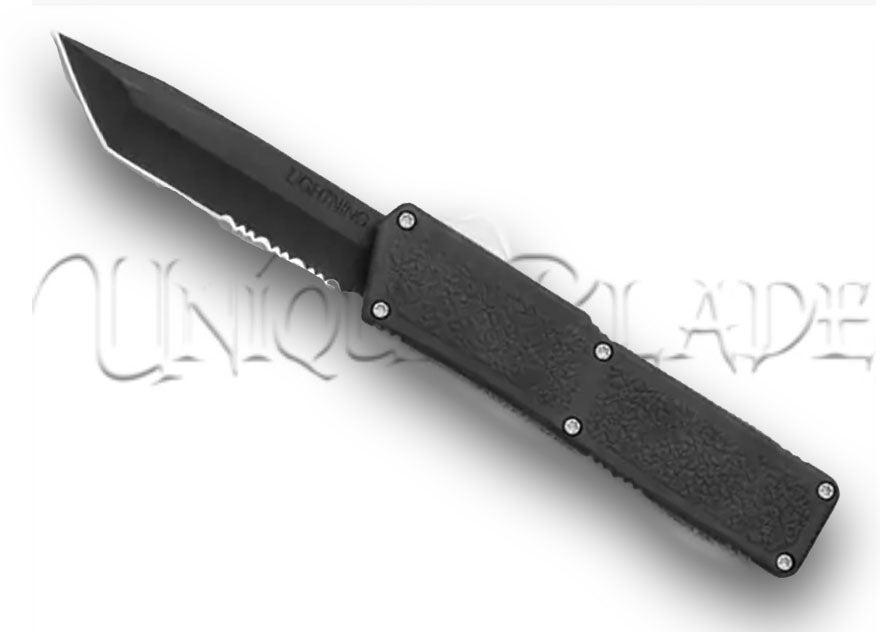 Lightning Black Tanto OTF Automatic Knife: Black Serrated - Unleash power and precision with this automatic knife featuring a black tanto blade and serrated edge from the Lightning collection.