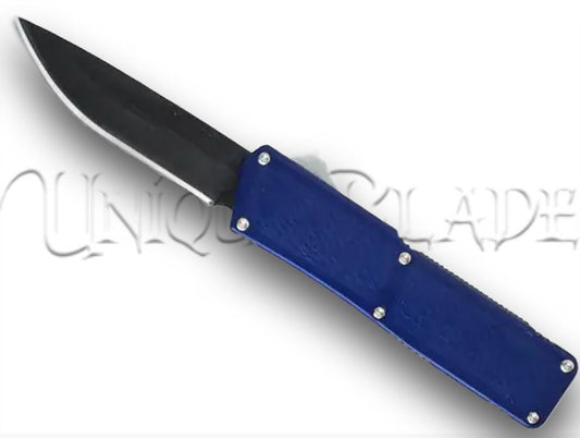 Lightning Blue OTF Automatic Knife - Black Plain - Stylish Blue Precision - This OTF automatic knife features a sleek blue design with a black plain edge for a perfect blend of style and functionality.