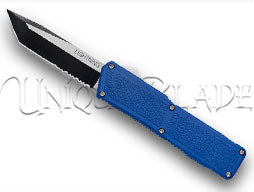 Lightning Blue OTF Automatic Knife: Tanto Two-Tone Serrated Blade – Unleash Precision and Style with Every Swift Deployment in a Striking Blue Hue.