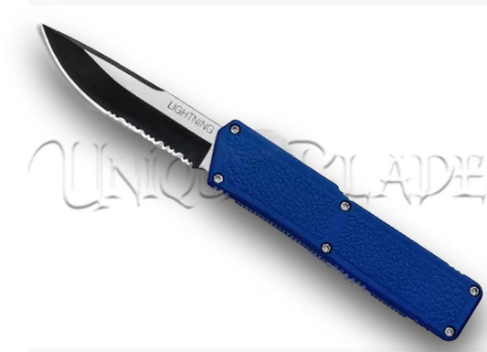 Lightning Blue OTF Automatic Knife - Two-Tone Serrated - Stylish Blue Precision - This OTF automatic knife boasts a vibrant blue design and a two-tone serrated blade, offering a perfect blend of style and cutting versatility.