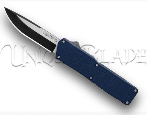 Lightning Blue OTF Automatic Knife - Two-Tone Plain - Electric Precision - This OTF automatic knife in vibrant blue features a striking two-tone plain blade, combining style with reliable cutting performance.