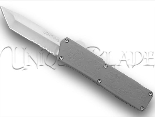 Lightning Gray OTF Automatic Knife - Tanto Satin Serrated - Precision in Gray - This OTF automatic knife combines a sleek gray design with a Tanto satin serrated blade for reliable and versatile cutting tasks.