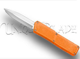 Lightning Orange OTF Automatic Knife - Dagger Satin Plain - Bold Orange Precision - Elevate your style with this OTF automatic knife featuring a vibrant orange design and a sharp dagger satin plain blade for versatile cutting.
