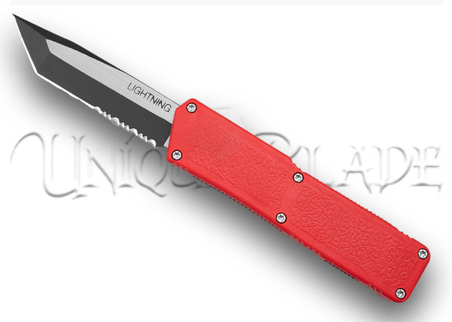Lightning Red OTF Automatic Knife: Tanto Two Tone Serr - Add a bold touch to your collection with this out-the-front automatic knife in striking red, featuring a two-tone serrated tanto blade for a blend of style and functionality.