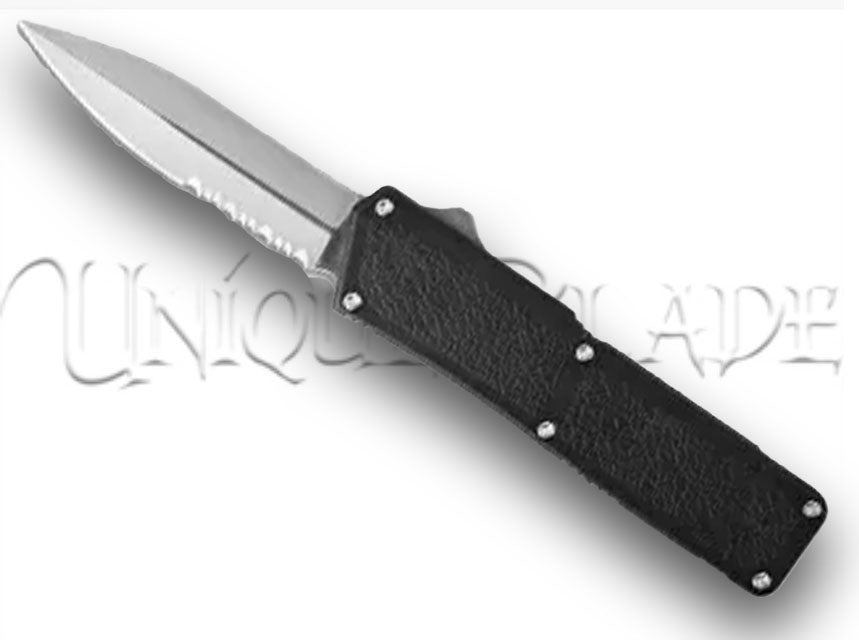 Lightning Black OTF Automatic Knife: Sleek Design, Satin Finish, and Serrated Blade – Unleash Precision and Style with Every Swift Deployment.