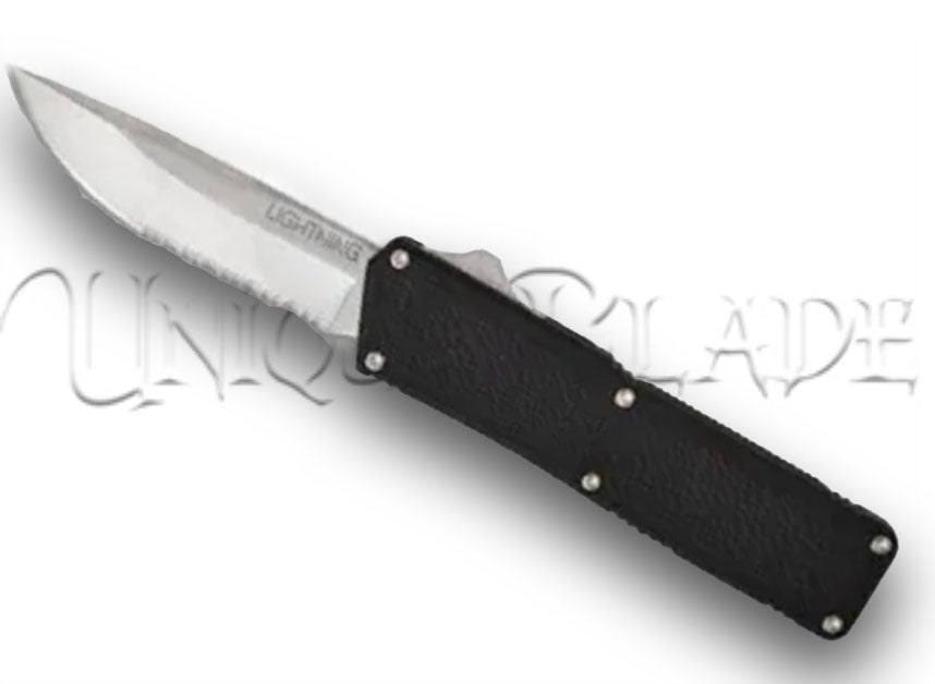 Lighting Black OTF Automatic Knife - Satin Plain - Serrated Blade