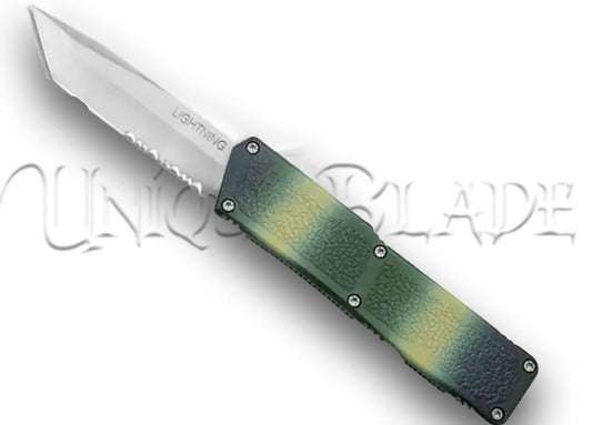 Lightning Camo OTF Automatic Knife: Tanto blade with a satin finish and serrated edge, blending camouflage aesthetics with precision for a versatile and reliable OTF automatic knife.