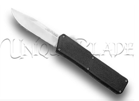 Lightning Black OTF Automatic Knife - Clip Point Satin: The epitome of style and functionality, featuring a satin-finished clip point blade in this automatic knife.