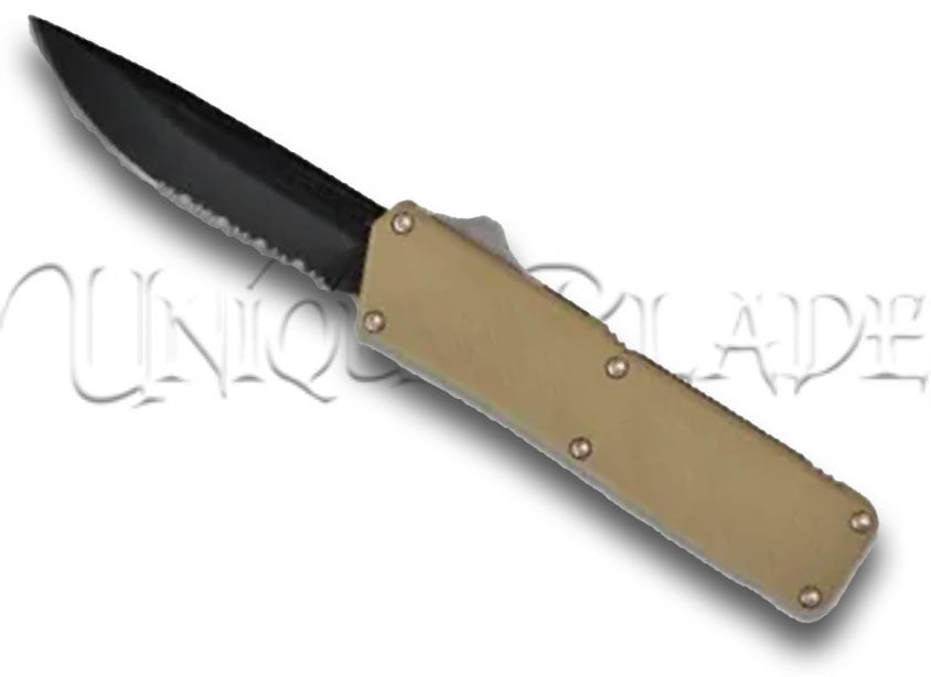 Lightning Tan OTF Automatic Knife - Black Serrated - Plain Blade: A tan handle paired with a black serrated blade, combining style and functionality in this automatic knife design.