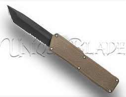 Lightning Tan OTF Automatic Knife: Tanto Black Serr - Unleash precision with this out-the-front automatic knife, boasting a tan design and featuring a distinctive black serrated tanto blade from the Lightning collection.