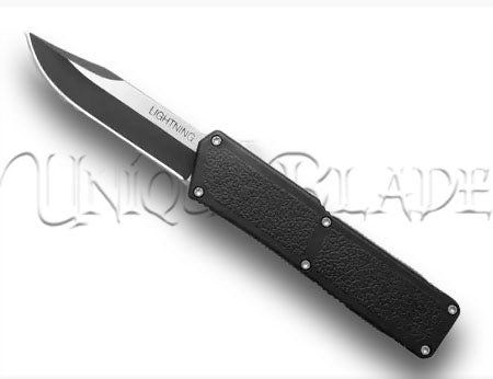 Lightning Black OTF Automatic Knife: Clip Point Two-Tone Design – Unleash Precision and Style with Every Swift Deployment.