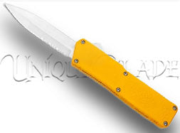 Lightning Yellow OTF Automatic Knife: Satin Dagger Serr - Illuminate your collection with this vibrant yellow out-the-front automatic knife, featuring a satin dagger blade with serrations from the Lightning collection.