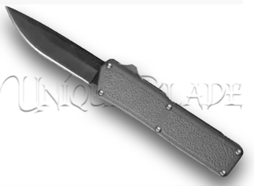 Lightning Gray OTF Automatic Knife - Black - Plain Blade - Sleek and reliable, this gray OTF knife boasts a plain blade for precise cutting, making it a stylish and functional everyday carry companion.