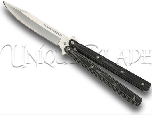 Micarta Simple Butterfly Black Micarta Knife - Stainless Steel Blade, Clip Point - Elegant and Functional Balisong Knife - This black Micarta-handled butterfly knife with a clip point stainless steel blade offers simplicity and precision in one.