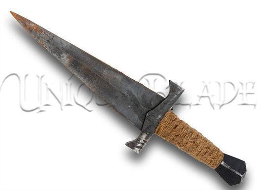 Old Stories Medieval Carbon Steel Full Tang Viking Dagger - Functional Reenactment - Immerse yourself in history with this medieval Viking dagger, featuring a full tang and a woven twine handle for an authentic reenactment experience.