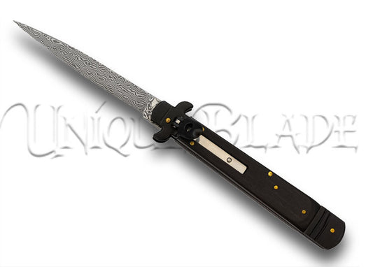 Plague Doctor Damascus Steel Automatic Lever Lock Stiletto Knife: Unleash a blend of mystery and craftsmanship with this stiletto knife, featuring a Damascus steel blade and an automatic lever lock mechanism inspired by the enigmatic Plague Doctor.