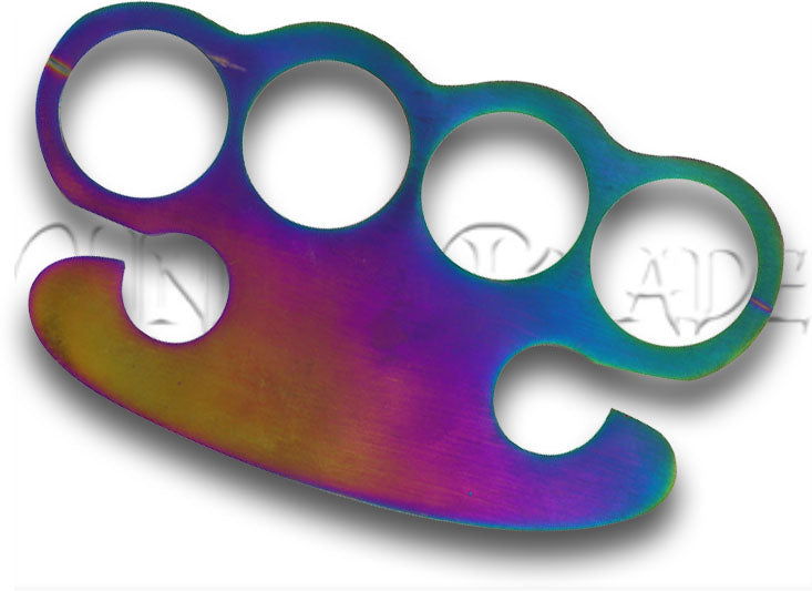 Polychromatic Belligerence Titanium Coated 100% Pure Brass Knuckle: Gorgeous, Functional, Multicolor Four-Finger Paper Weight – Elevate Your Desk Decor with Style and Strength.