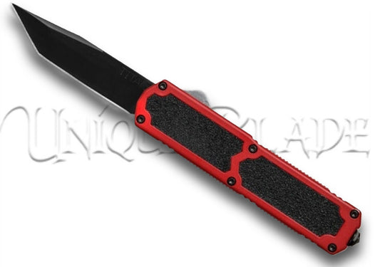 Titan Red OTF Automatic Knife - Tanto Black Plain - Precision and Style in Red - This OTF automatic knife features a sleek red design with a tactical Tanto black plain blade for versatile cutting tasks.