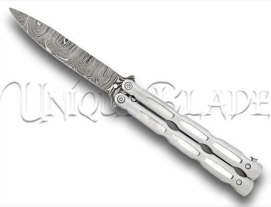 Unchained Balisong Butterfly Knife  Damascus Steel Blade Drop Point