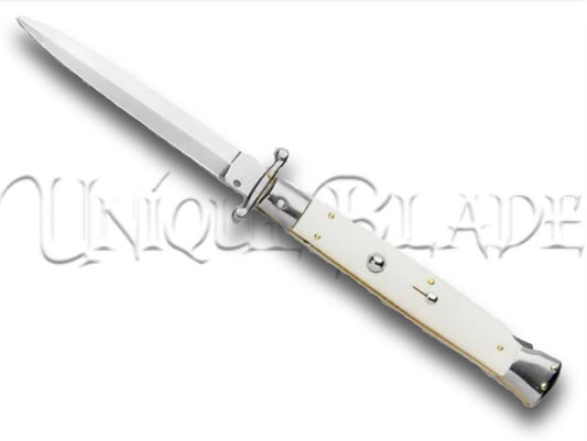 Frank B. 11" Italian Stiletto Swinguard Camel Bone Auto Knife: Classic Elegance with Dagger Precision – Elevate Your Collection with Italian Craftsmanship.