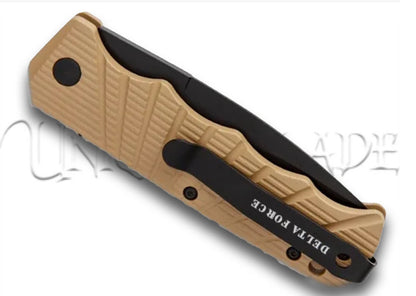 Delta Force Automatic Knife Tan Aluminum - Black Plain