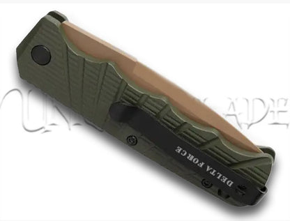 Delta Force Automatic Knife OD Green Aluminum Drop Point - Tan Serr