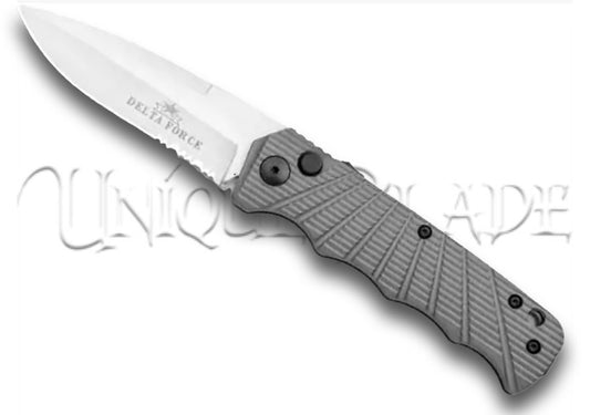 Delta Force Automatic Knife Gray Aluminum - Satin Serrated