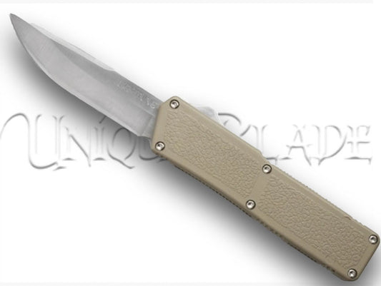 Lightning Tan OTF Automatic Knife: Satin Plain - Elevate your style with this tan-colored out-the-front automatic knife featuring a sleek satin plain blade from the Lightning collection.