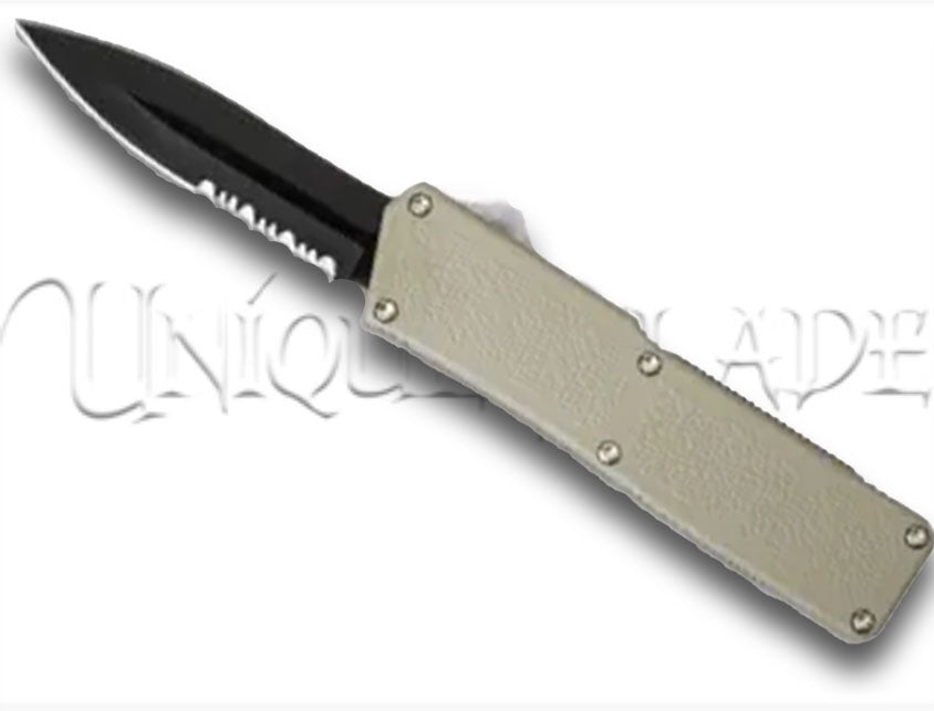 Lightning Tan OTF Automatic Knife - Black Dagger - Serrated Blade: A sleek tan handle and a black serrated dagger blade for a stylish and versatile automatic knife design.