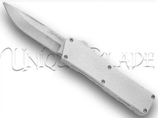 Lightning White OTF Automatic Knife: Sleek Design with Satin Plain Blade – Unleash Precision and Style in Every Swift Deployment.