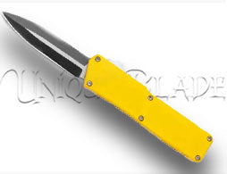 Lightning Yellow OTF Automatic Knife: Vibrant Two-Tone Dagger Design – Unleash Precision and Style with Every Swift Deployment.