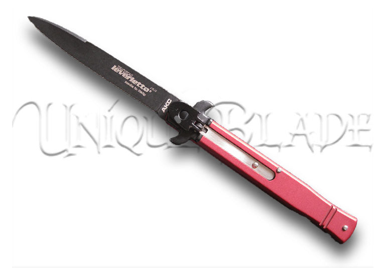 9" Italian Leverletto Stiletto Automatic Switchblade Knife - Red - A bold statement in red. This Leverletto stiletto combines Italian design with automatic functionality for a striking and practical knife.