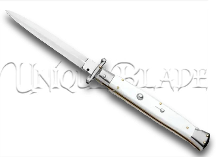 Frank B. 11" Italian Stiletto Swinguard White Automatic Knife - Dagger - Classic Elegance in White - This Swinguard automatic knife features a timeless white design and a classic dagger blade for a touch of Italian sophistication.